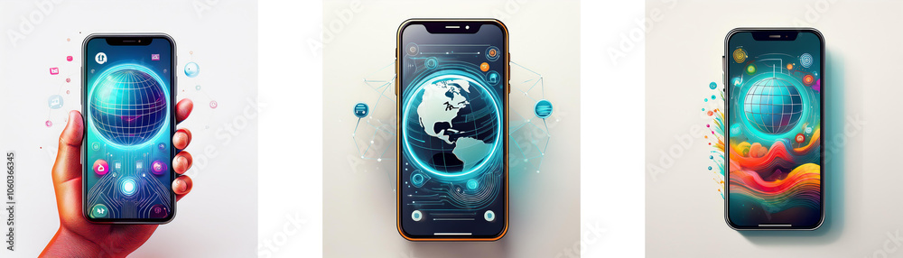 Aufkleber Three different smartphone screens displaying the earth globe, representing a global connection, with vibrant colors and a futuristic aesthetic.