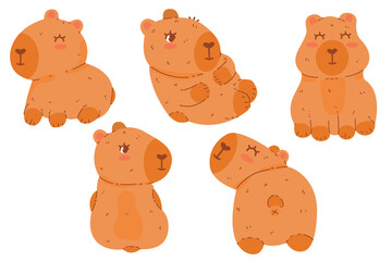 Flat vector illustration set of cute capybara. Cartoon funny rodent. Adorable cute animal character. Vector illustration on white background.