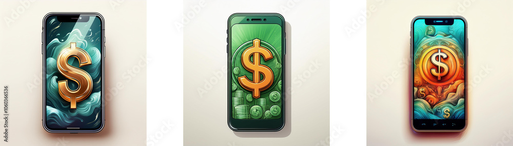 Poster Three cell phones each display a golden dollar sign on the screen. Each phone has a different background color, and the dollar sign appears to be floating in the air.