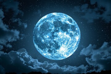 A bright blue moon illuminates the night sky over the clouds, creating a serene atmosphere in a tranquil landscape