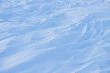 Snow texture. Wind sculpted patterns on snow surface. Wind in the tundra and in the mountains on the surface of the snow sculpts patterns and ridges (sastrugi). Arctic, Polar region. Winter background