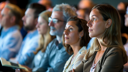 Engaged audience members attentively listening during business ethics seminar, showcasing focus on corporate responsibility and ethical practices