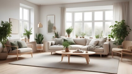 Fototapeta premium Modern Minimalist Living Space with Large Windows, Natural Light, and Earthy Decor Creating an Inviting Ambiance (60)