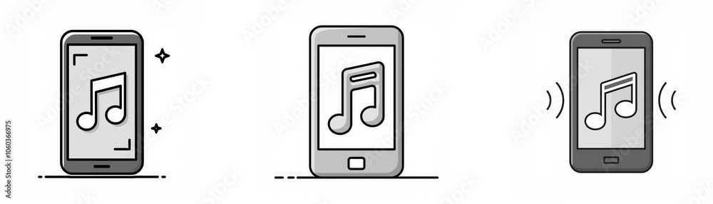 Leinwandbilder three smartphones in a row, the first with a music note icon on the screen, the second with the same