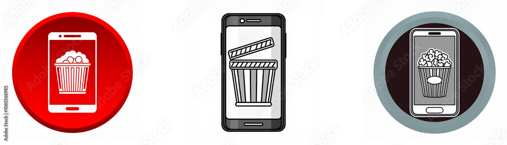 Leinwandbilder three mobile phone icons in different colors, each displaying a popcorn bucket on the screen.