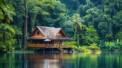 Traditional Wooden House by the Lake in Tropical Forest.