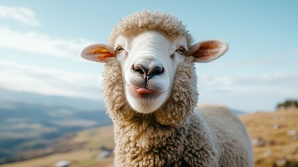 Obraz premium Sheep sticking out its tongue in a sunny pasture, AI