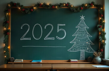 On the blackboard in the classroom the numbers 2025 are written in chalk and a Christmas tree is drawn