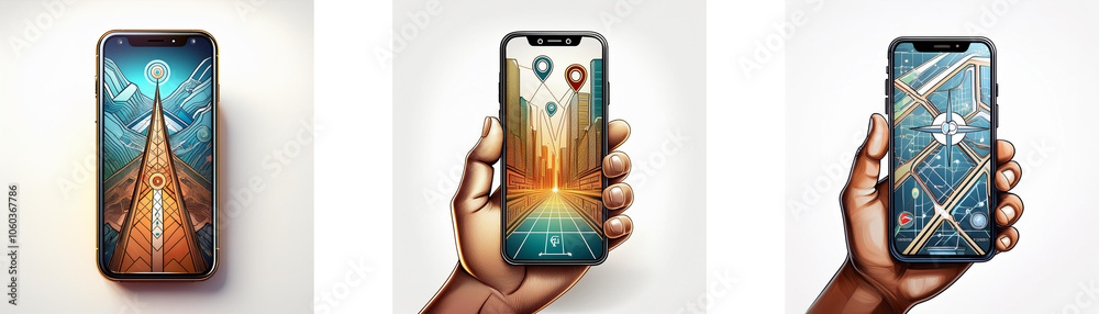 Poster three smartphones with different digital backgrounds on their screens are held in hands against whit