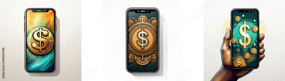 Aufkleber three smartphones with different backgrounds all showing a dollar sign in the center.
