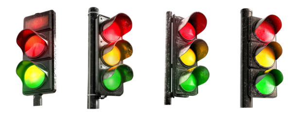 Traffic Light Signals Red Yellow Green Stop Go Caution Transportation Safety Road Intersection Control Devices Isolated White Background Multiple Views Different Angles Realistic 3D Rendering