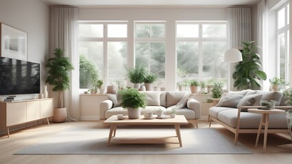Fototapeta premium Modern Minimalist Living Space with Large Windows, Natural Light, and Earthy Decor Creating an Inviting Ambiance (75)
