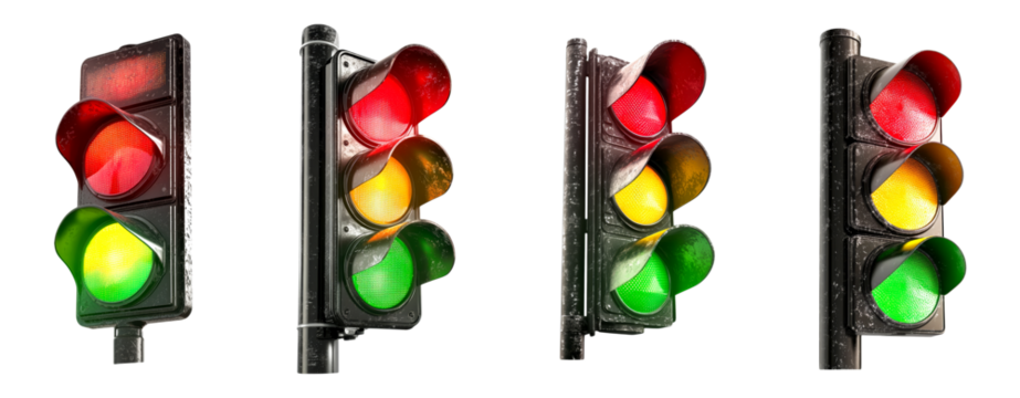 Traffic Light Signals Red Yellow Green Stop Go Caution Transportation Safety Road Intersection Control Devices Isolated White Background Multiple Views Different Angles Realistic 3D Rendering