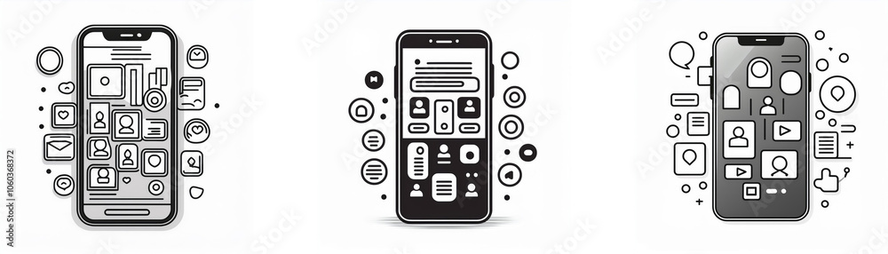 Fototapete Three different smartphones are depicted in a minimalist style with various app icons surrounding them.