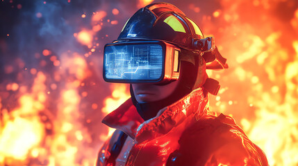 A firefighter wearing virtual reality glasses while actively battling a fire in a burning, irefighting amidst a challenging, fiery environment