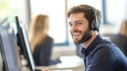 A cheerful call center agent wearing a headset, operating in a contemporary office setting