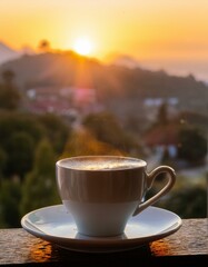 Un cremoso café  en un precio atardecer a traves de la ventana