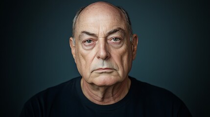 An elderly man reflects on life with a somber expression in a minimalist portrait