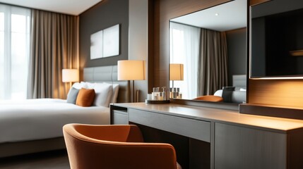 Modern hotel room interior featuring a neatly made bed with decorative pillows, a desk with a mirror, and a chair. Soft lighting from a lamp complements the earthy tones of the decor.