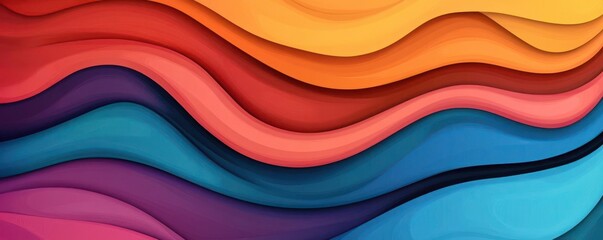 A vibrant abstract design featuring layered, wavy shapes in shades of red, orange, purple, and blue, creating a dynamic and eye-catching visual effect.
