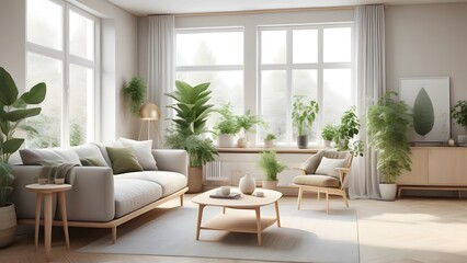 Fototapeta premium Modern Minimalist Living Space with Large Windows, Natural Light, and Earthy Decor Creating an Inviting Ambiance (87)