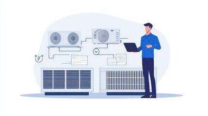 Technician Inspecting Airflow Units with Diagrams