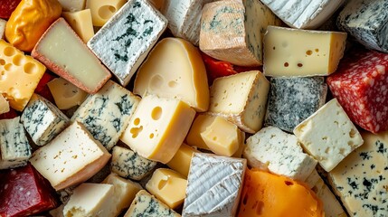 Variety of gourmet cheeses in an assortment of textures and flavors, a delicious selection for cheese lovers