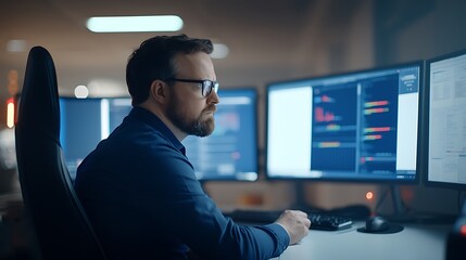 Fototapeta premium Data analyst monitors real-time analytics to enhance decision-making processes and improve business outcomes in a high-tech environment