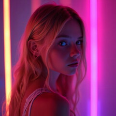 Fototapeta premium girl with blonde hair in neon lights