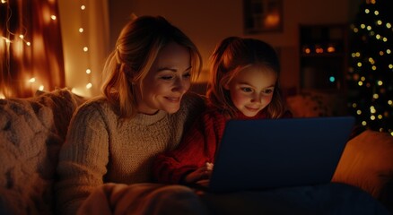 Cozy evening at home with mother and daughter using a laptop