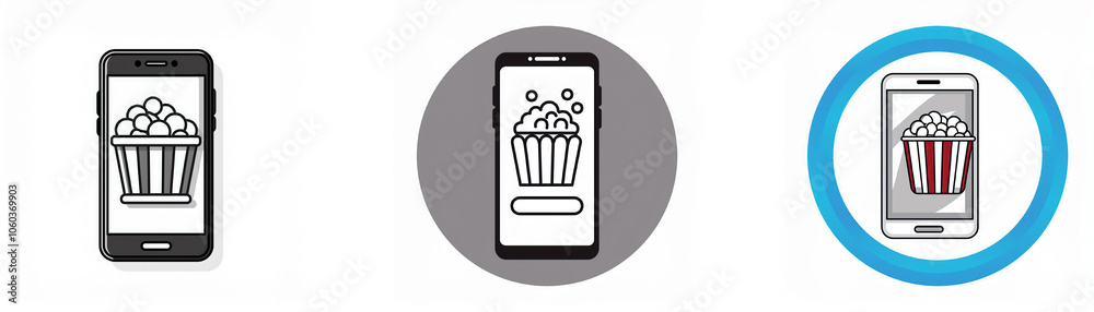 Aufkleber three depictions of a smartphone with a popcorn bucket icon on the screen.