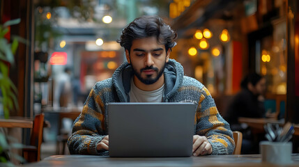 Obraz premium Man Working on Laptop in Cafe - Realistic Image