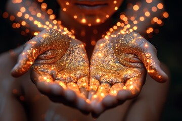 Fototapeta premium A person with sparkling golden glitter in their hands illuminating the surrounding darkness during an artistic evening display