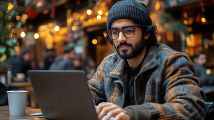 Obraz premium Man Using Laptop in Cafe Illustration