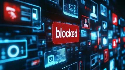 Digital screen displaying blocked notification, representing restricted access and online security measures