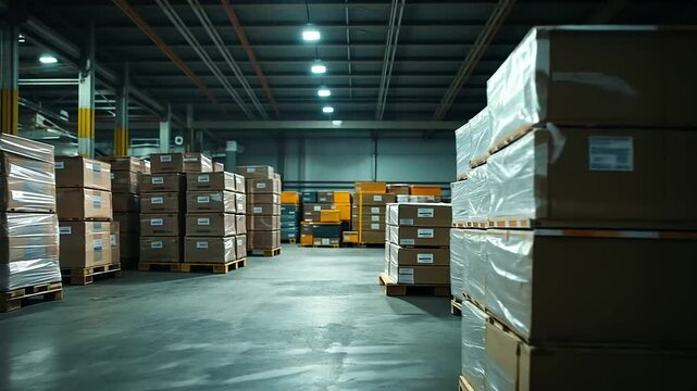 Busy warehouse loading dock bustling with workers organizing pallets for shipment under bright lights.