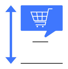 Shopping cart icon in chat bubble above black line with blue vertical arrow indicating height adjustment. Ideal for online shopping, customer support, e-commerce, digital marketing, web development