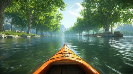 Fototapeta premium Kayaking through a scenic river in a lush forest.