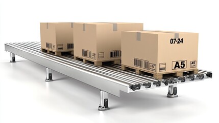 Innovative 3D rendering of cardboard boxes labeled 07-24 and A5 moving seamlessly on a conveyor belt against an isolated white backdrop