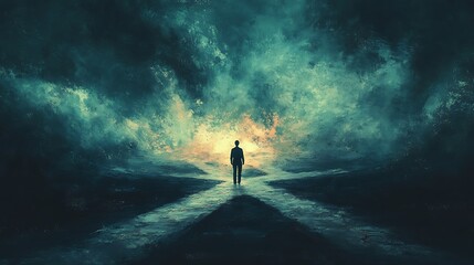Fototapeta premium A lone figure stands at a crossroads contemplating the choices that lie ahead amidst a surreal dreamlike atmosphere of uncertainty and potential.