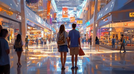 Fototapeta premium Couple enjoys shopping together while exploring a vibrant mall filled with colorful displays and shoppers