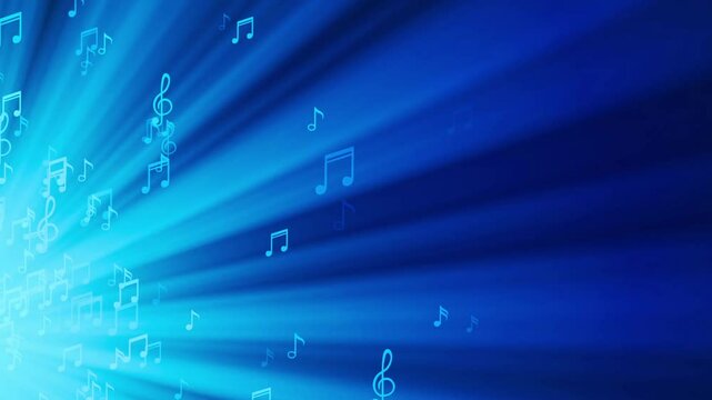 Glowing music notes floating as particles in blue background with light rays. Repeating or looping video backdrop for lyrics and chorts. 