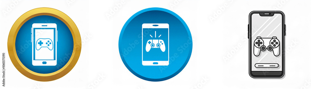 Fototapete three icons depicting a smartphone with a gamepad displayed on the screen.