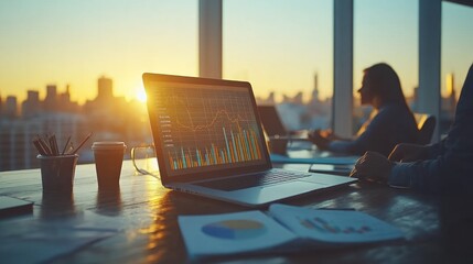 Laptop with charts and graphs on a desk with a blurred background of a woman in an office during sunset.