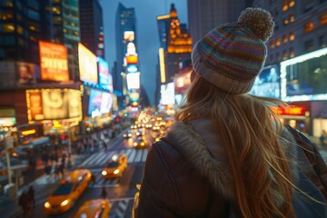 Obraz premium A person enjoying the vibrant lights during evening hours in winter