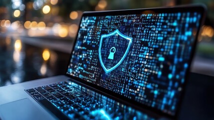 Laptop screen displaying a digital shield with a padlock, symbolizing online security.