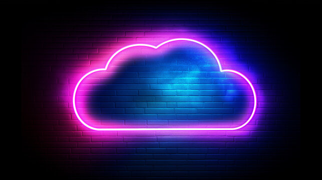 A visually intriguing neon cloud sign illuminated in electric blue and pink hues, this abstract representation captures digital and futuristic elements on a dark backdrop.