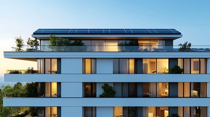 Obraz premium Modern building showcases sustainable design with solar panels and greenery enhancements for eco-friendly living