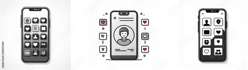 Poster three mobile phones with various icons and illustrations on the screen.