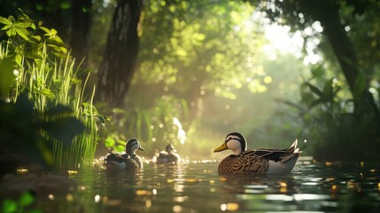 Serene Morning at a Small Pond with Ducks